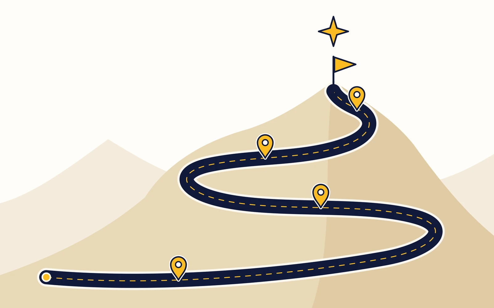 Illustration of a winding road with milestone markers climbing to a flag and a guiding star