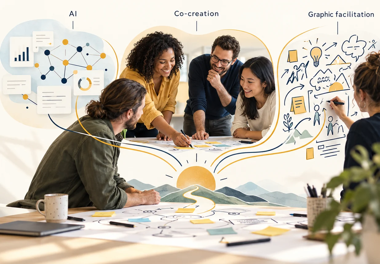 Illustration of a team working together around a table, with AI, co-creation, and graphic facilitation flowing into one shared path